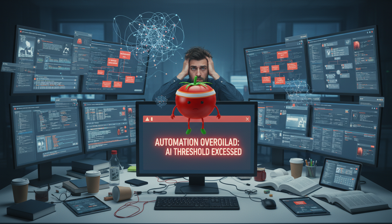 Developer at desk surrounded by AI tool notifications and screens
