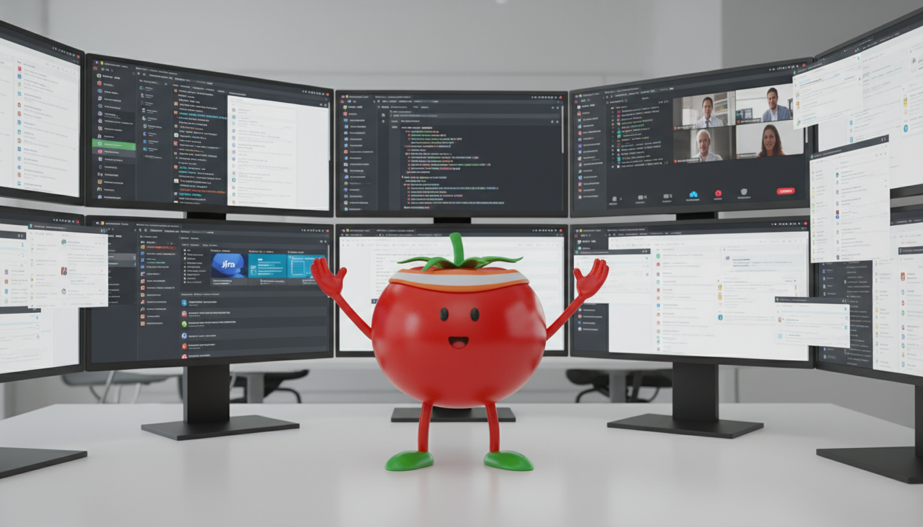 Developer surrounded by multiple monitors showing Slack, Jira, GitHub, Notion, Zoom, and browser tabs