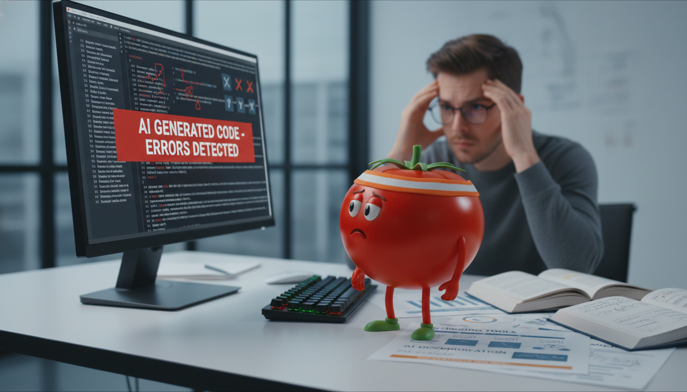 Developer looking at AI-generated code with confusion, surrounded by debugging tools