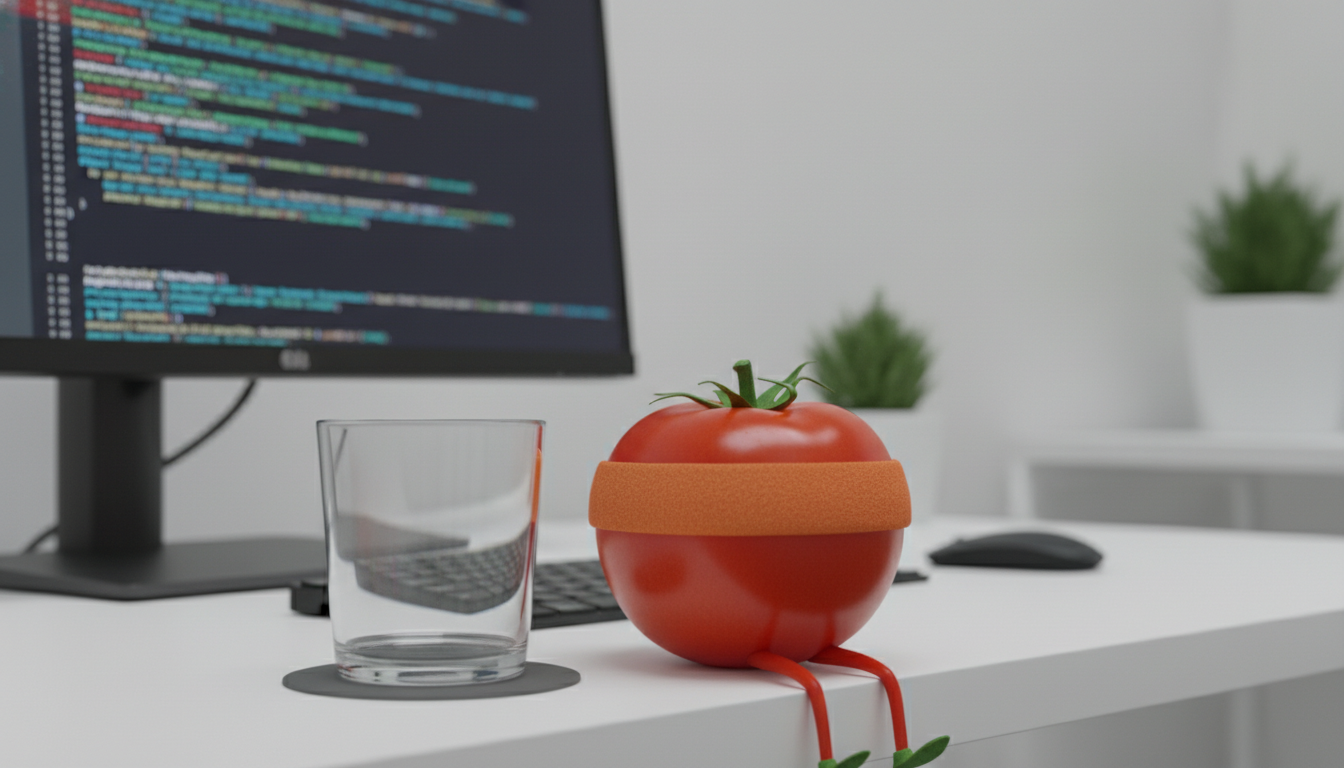 Programmer's desk with an empty glass and code on screen, conveying the brain fog of dehydration during a coding session