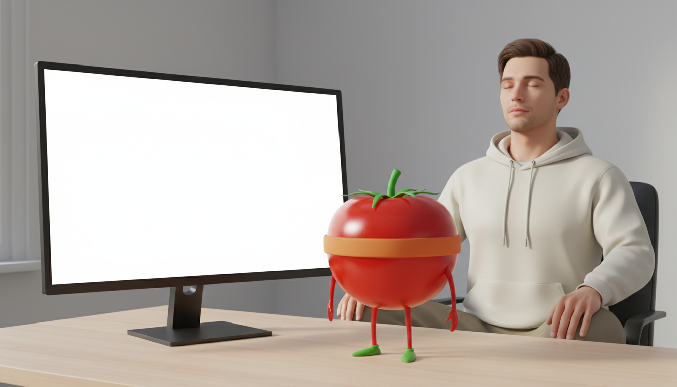 Developer sitting calmly at desk with eyes closed, doing an intentional breathing reset at a minimalist workstation
