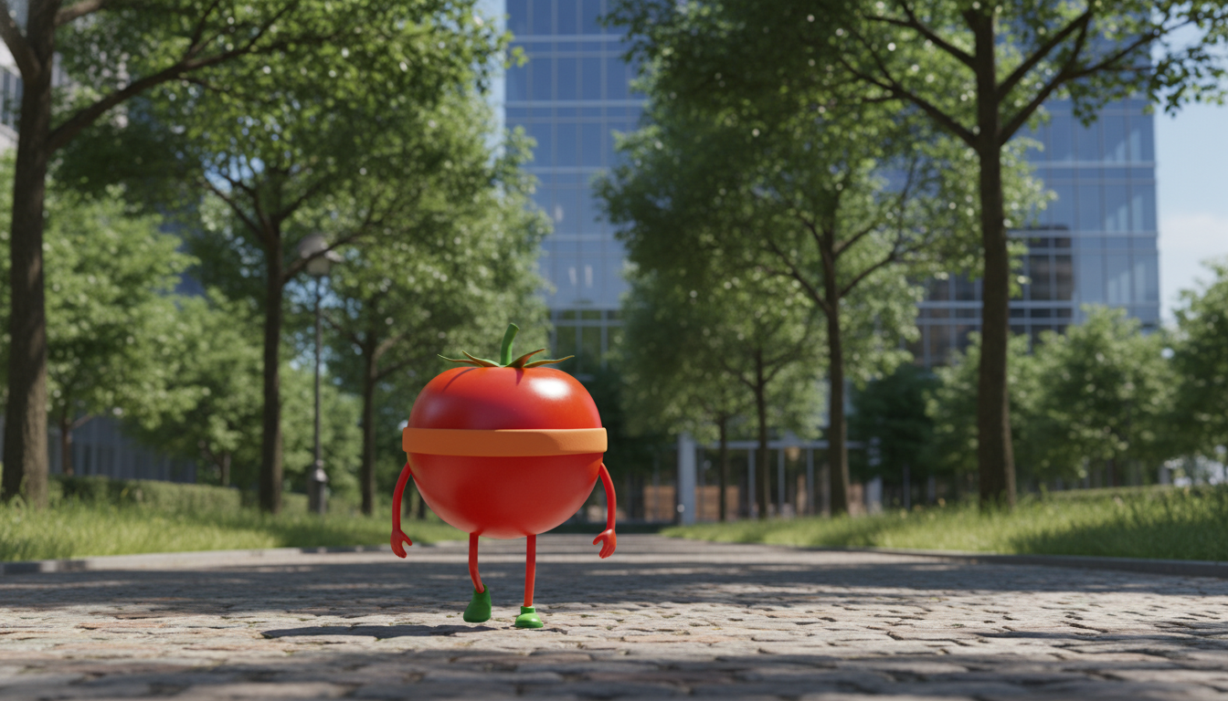Developer walking on a tree-lined path near an office, no phone in hand, looking calm and present in natural surroundings