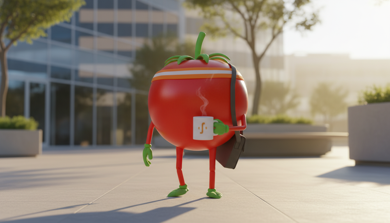 Software developer stepping outside into warm morning sunlight before starting work, holding coffee, peaceful early morning setting