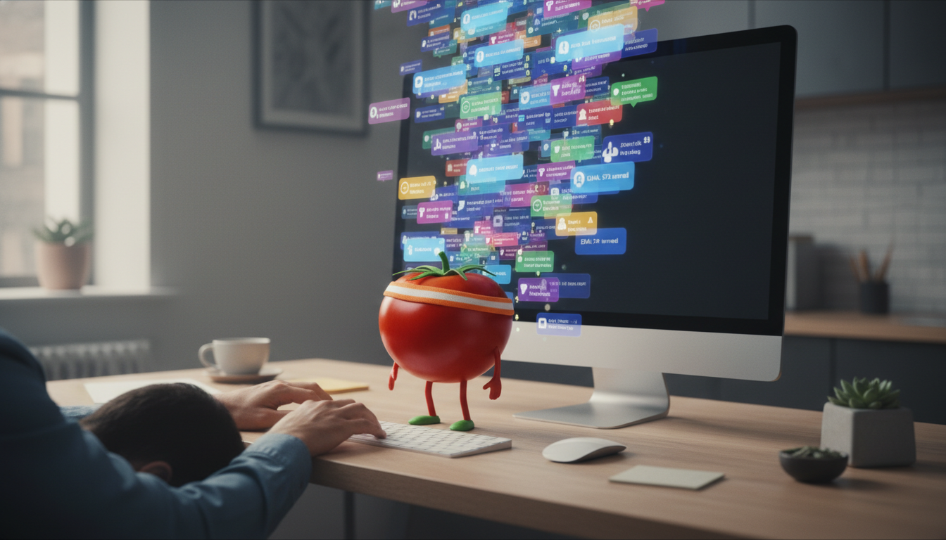 Developer at desk looking stressed with multiple notification popups covering their screen from Slack, GitHub, Jira, email and AI agent alerts in a modern home office