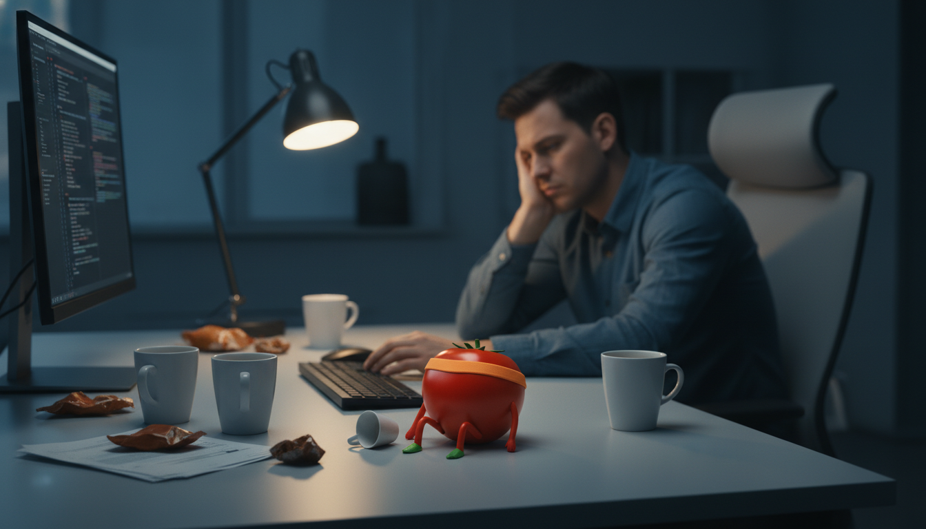 Developer looking mentally exhausted at a computer desk, head in hand, surrounded by empty coffee cups in dim office lighting
