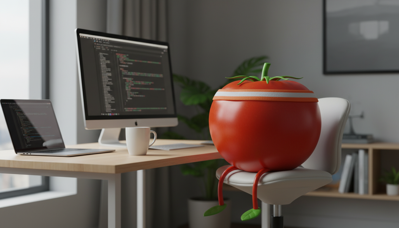 A developer working focused and calm at a clean home office desk with natural light, one monitor, and coffee mug