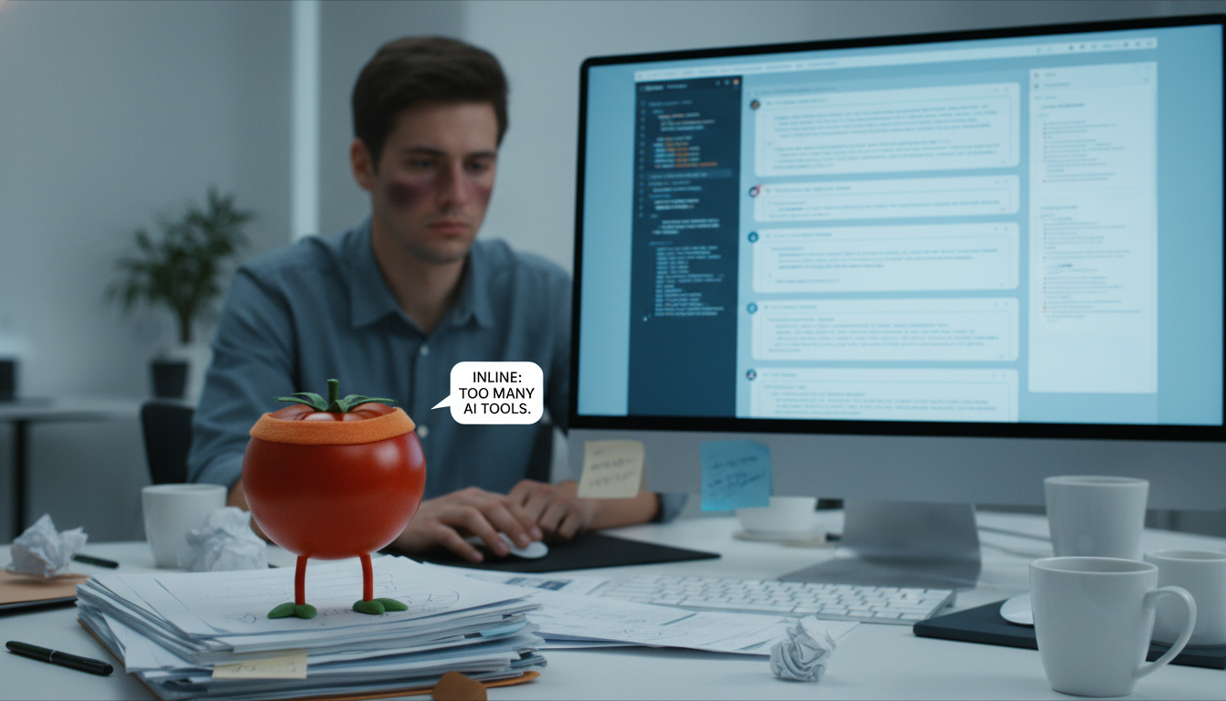 Developer staring blankly at multiple AI chat interfaces open on screen, visibly overwhelmed, empty coffee cups nearby