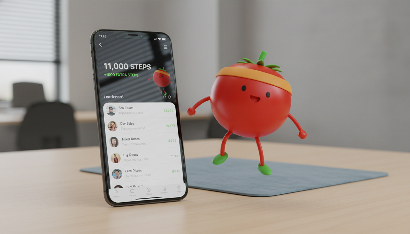 A smartphone showing a step count leaderboard with friends' activity visible, sitting on a wooden desk next to a coffee cup