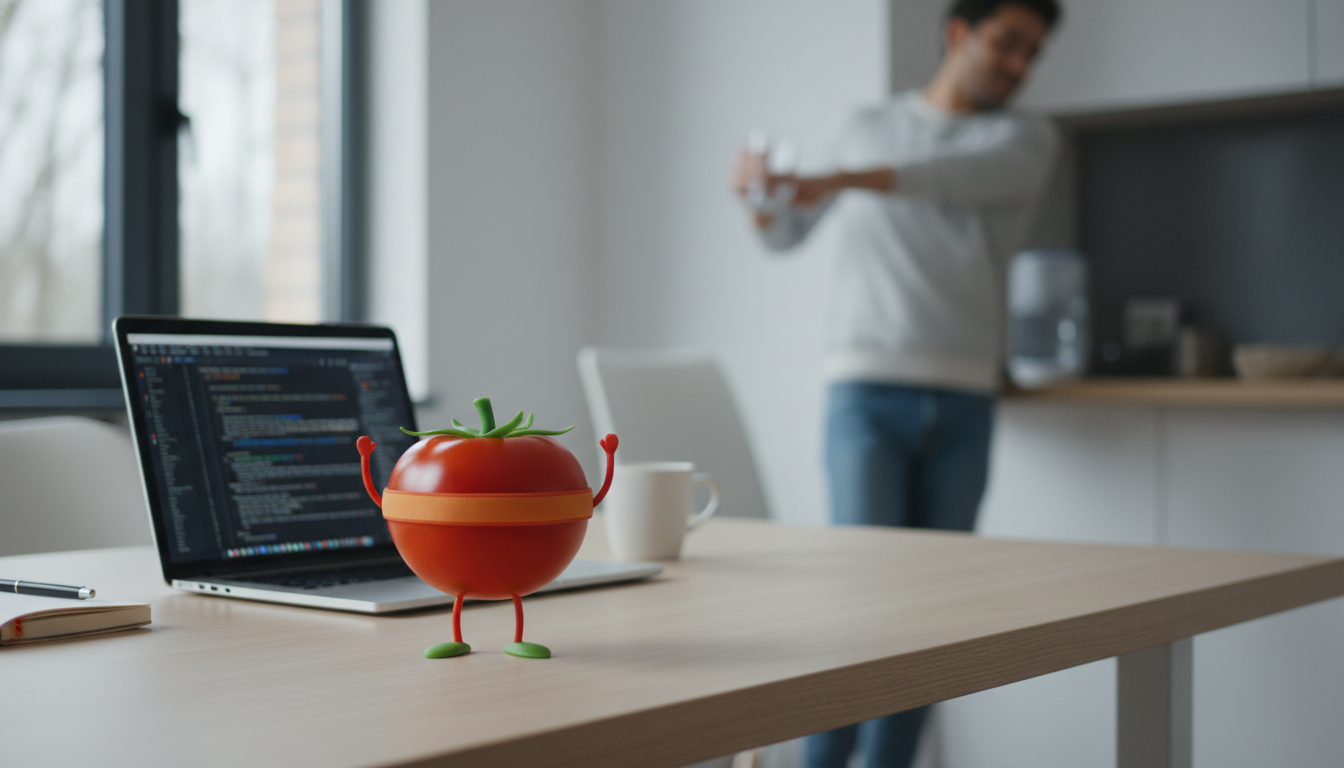 A remote worker standing up and walking toward the kitchen to get water, with a laptop open on the desk behind them showing code, natural light, relaxed home workspace