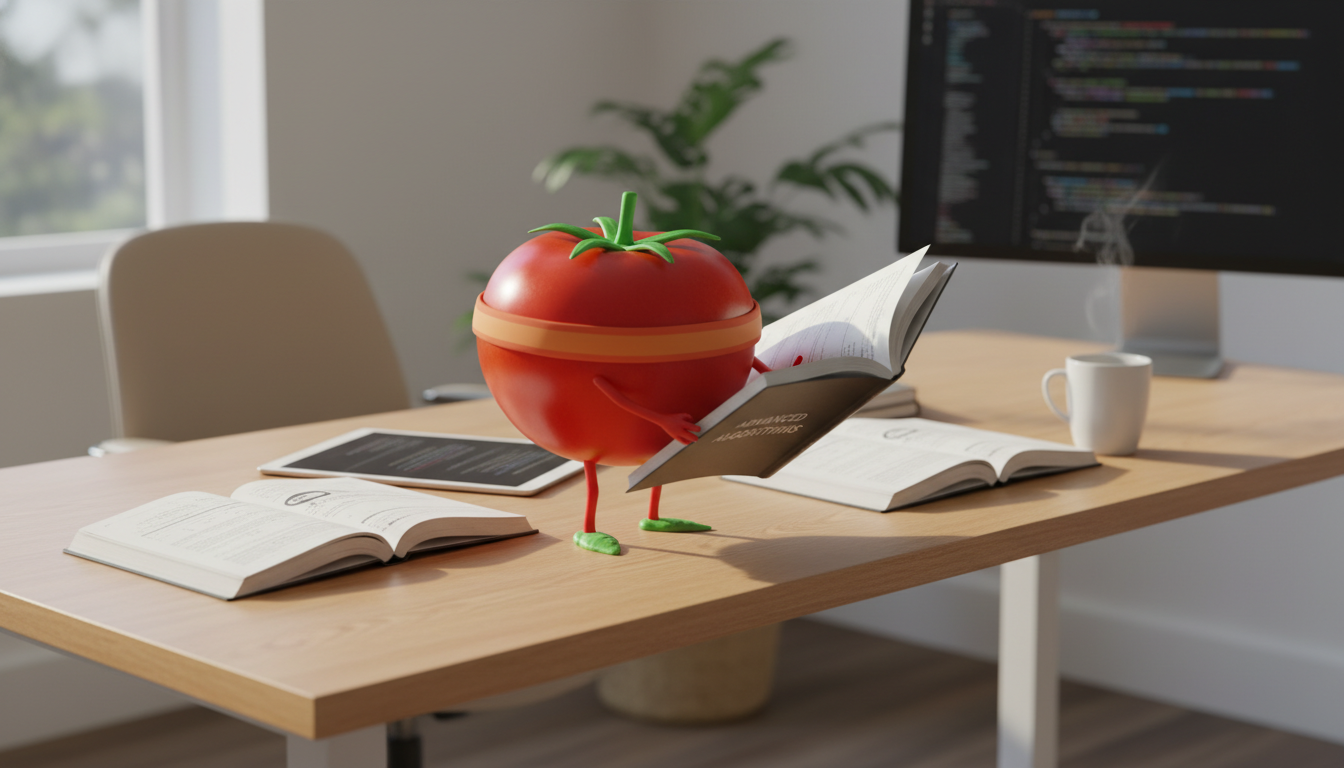 Developer studying at a desk with multiple notebooks and documentation open, focused while reading, bright morning light through office window