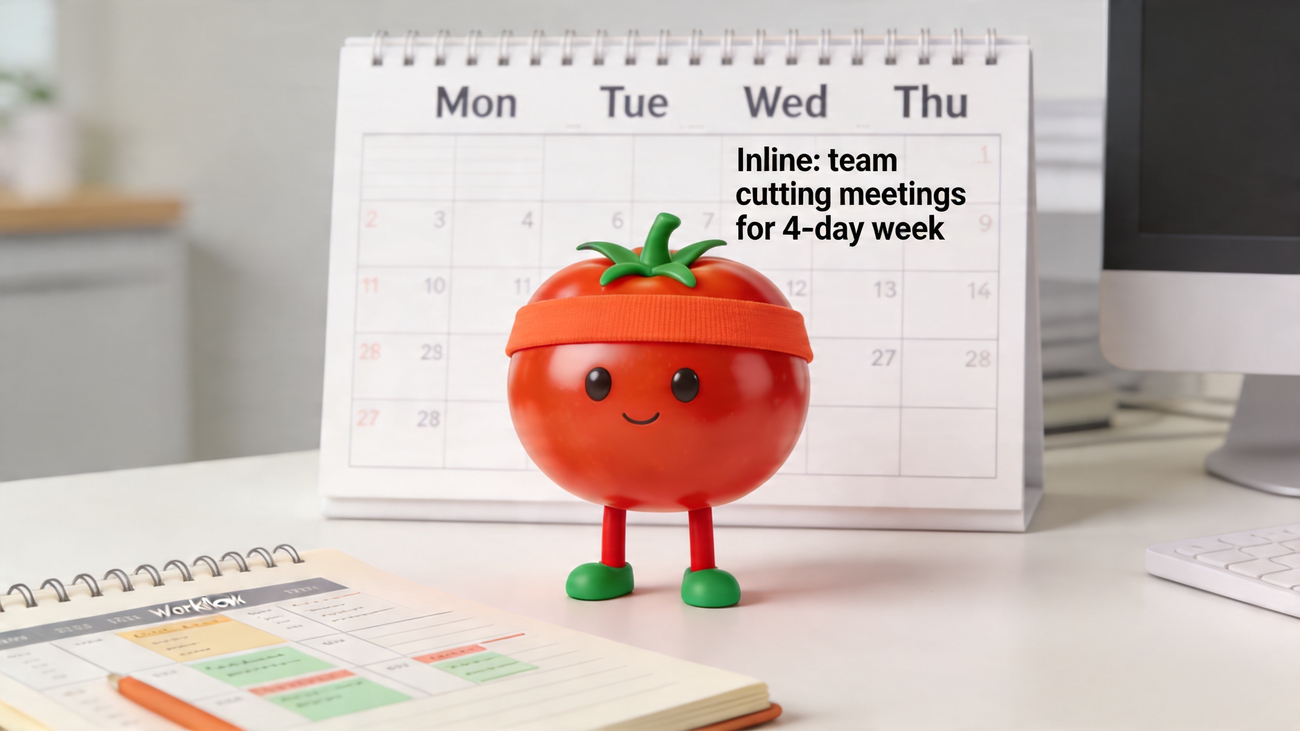 Developer at a clean minimal workspace with a 4-day calendar and organized workflow plan showing structured focus blocks