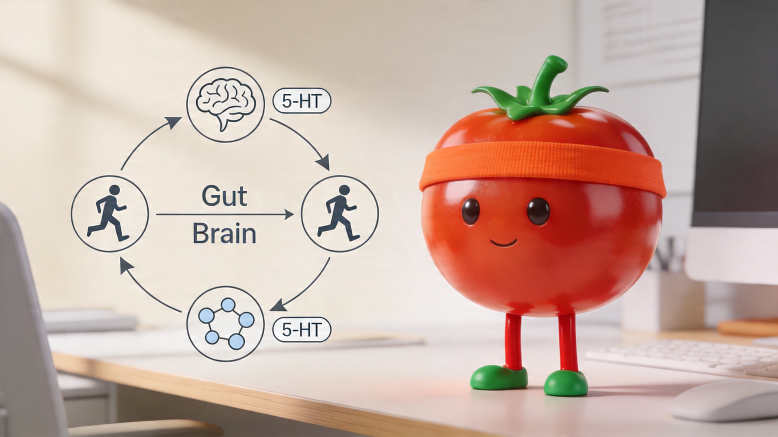 A developer standing up at their desk to take a movement break, illustrating the gut-brain connection and how brief exercise improves neurotransmitter production and cognitive performance