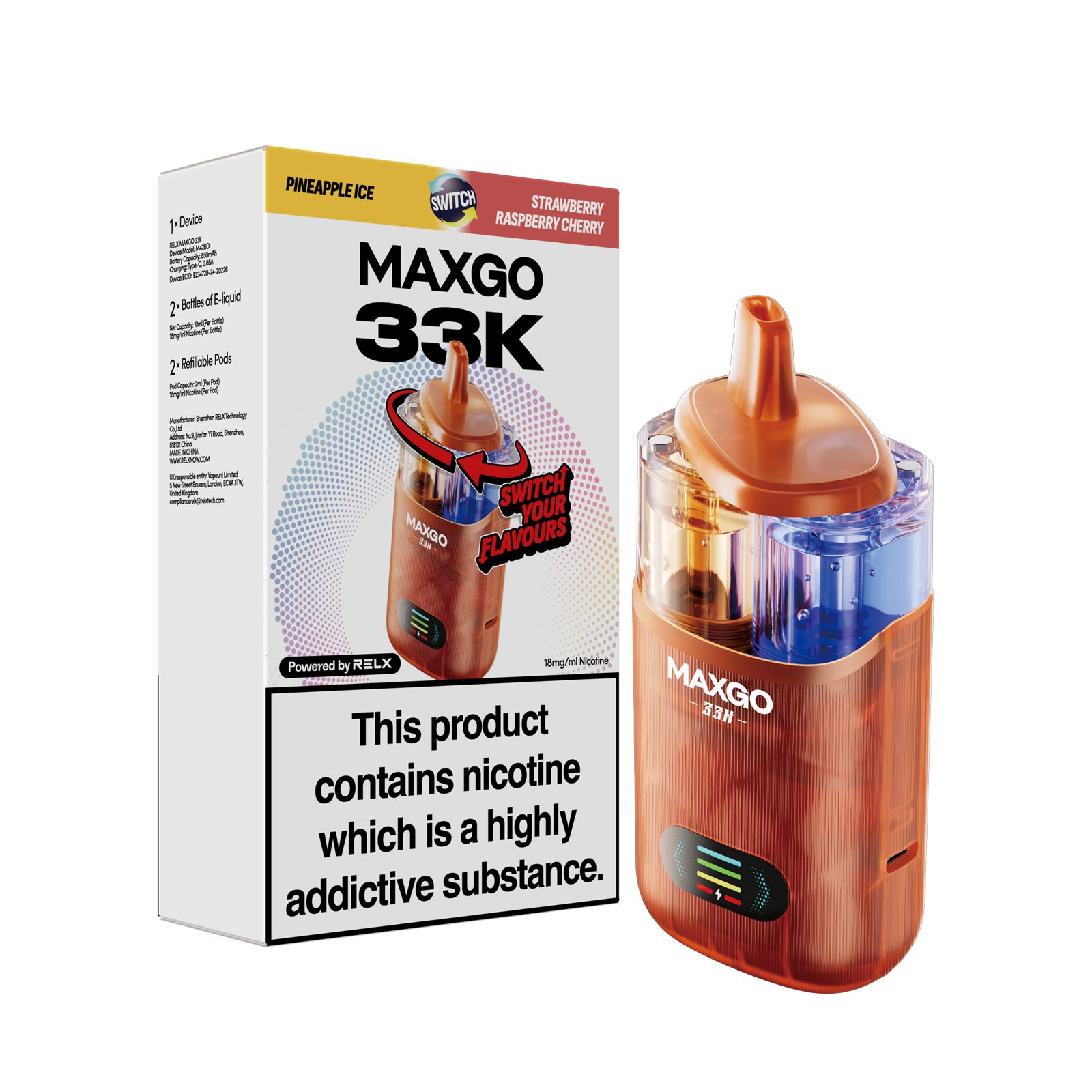 RELX MAXGO 33K - PINEAPPLE ICE/STRAWBERRY RASPBERRY CHERRY DUAL FLAVOURS