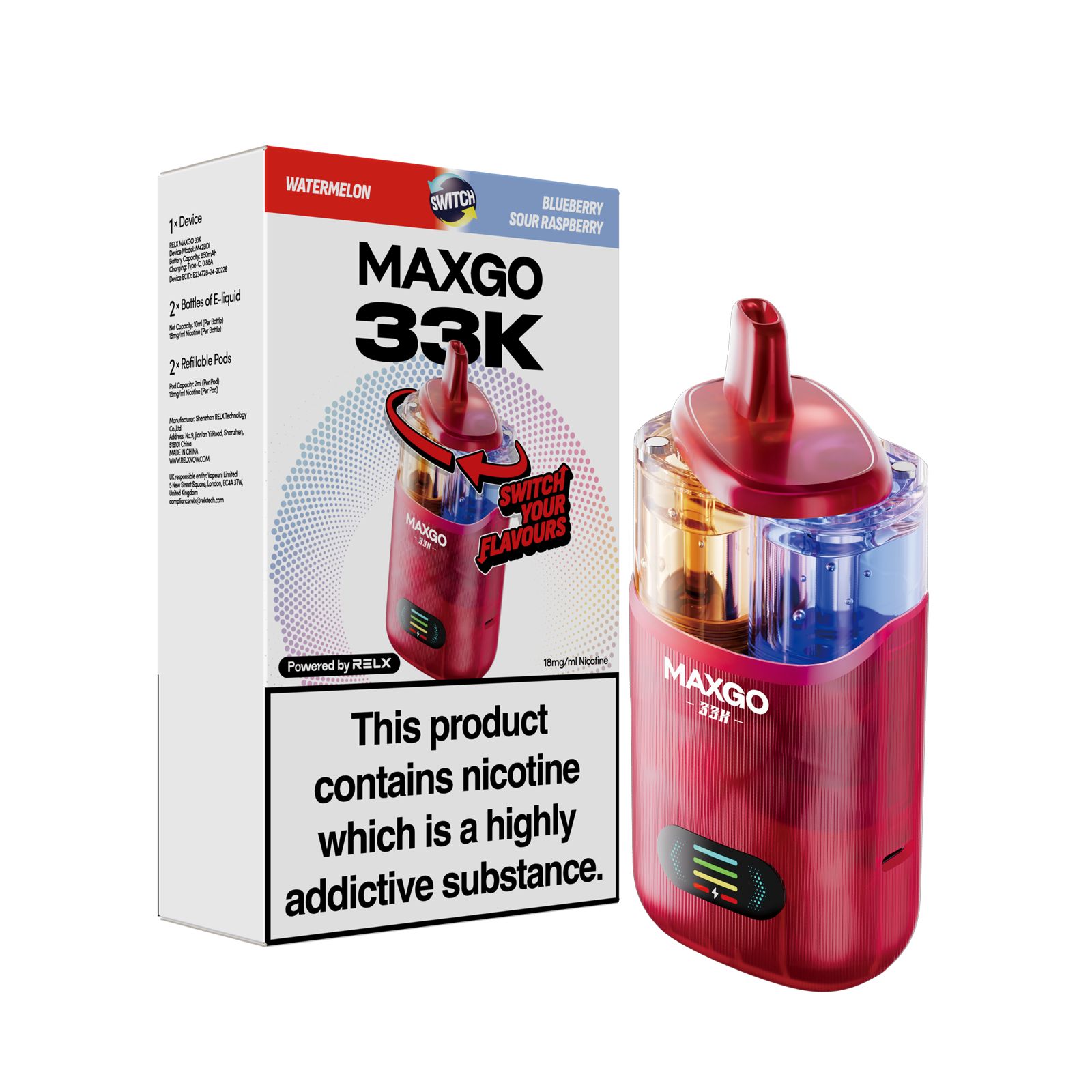 RELX MAXGO 33K - WATERMELON/BLUEBERRY SOUR RASPBERRY DUAL FLAVOURS