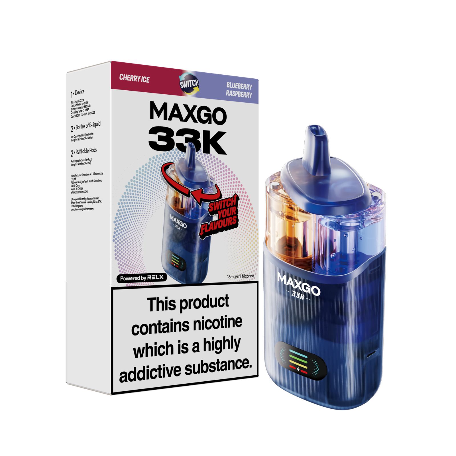 RELX MAXGO 33K - CHERRY ICE/BLUEBERRY RASPBERRY DUAL FLAVOURS