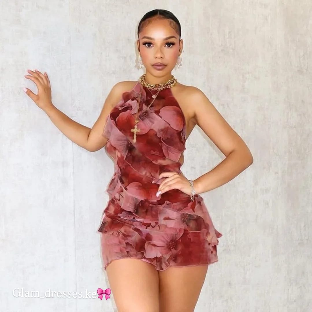 Floral Ruffle Halterneck Mini Dress