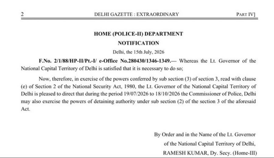 Delhi Police Commissioner authorised to use powers under the National Security Act (NSA) from July 19 to October 18.