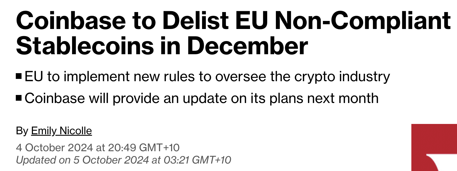 Source: https://www.bloomberg.com/news/articles/2024-10-04/coinbase-to-delist-non-compliant-stablecoins-in-eu-in-december