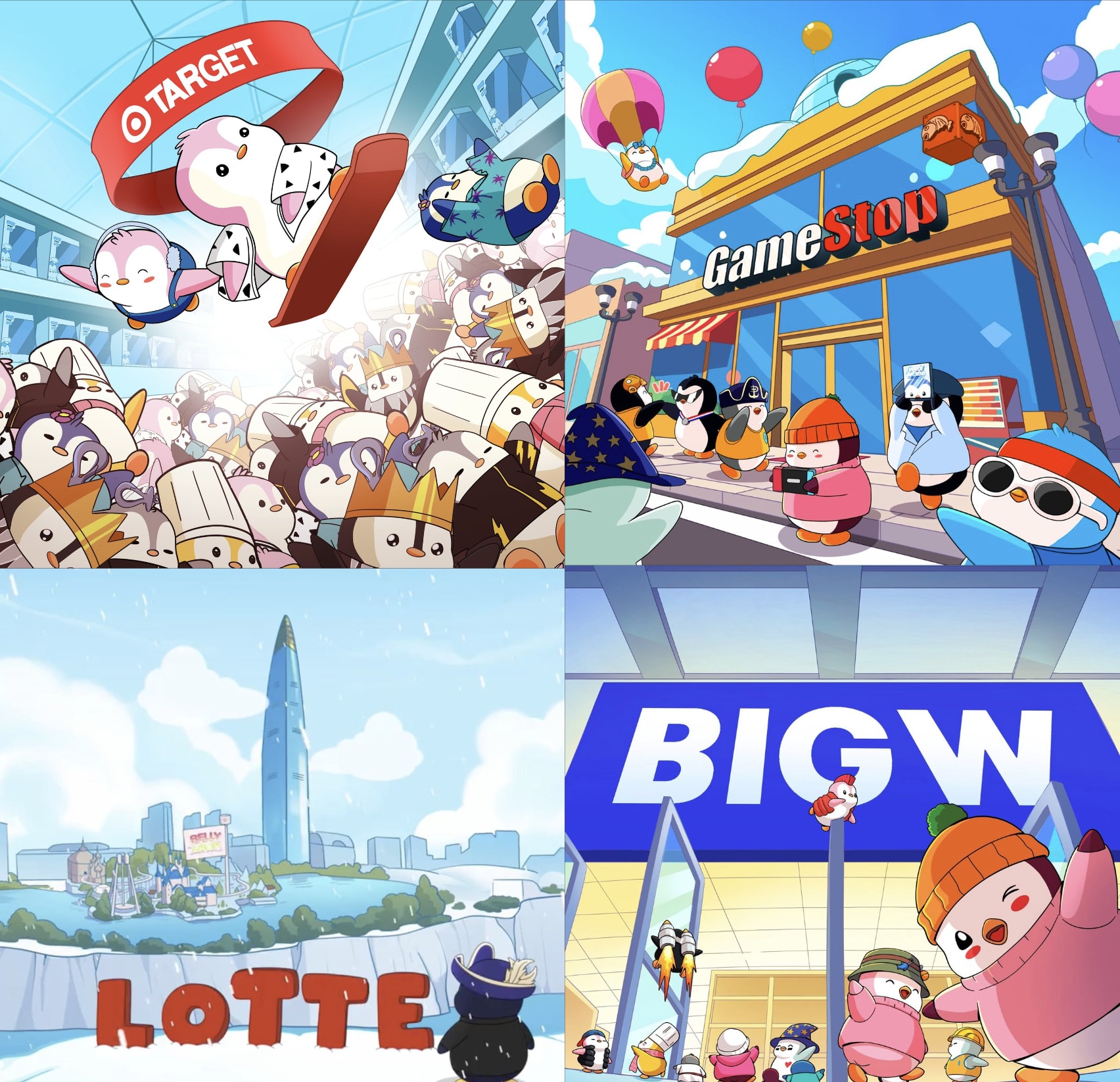 Pudgy Penguins partnerships with Target, Gamestop, Lotte, and Big W.
