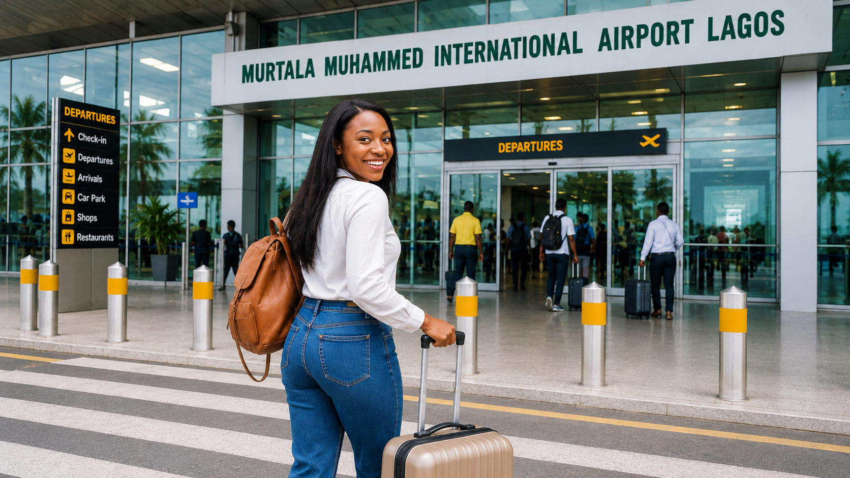 Young Nigerian woman smiling as she enters Murtala Muhammed International Airport in Lagos before her flight to South Africa
