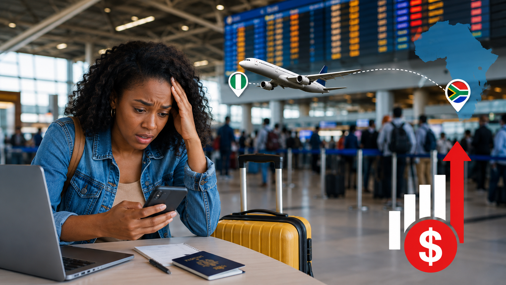 Stressed Nigerian traveler checking flight prices on a smartphone at a busy airport terminal, illustrating how last-minute booking from Nigeria to South Africa can lead to higher airfare costs and fewer cheap flight options.