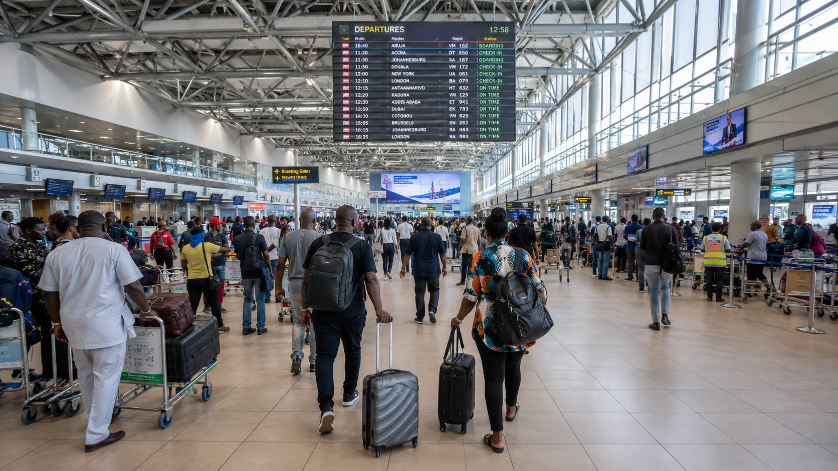 Departure hall at Lagos Murtala Muhammed International Airport with travelers Description: A photograph of the departure terminal at Lagos Airport showing travelers with luggage. Establishes Nigerian travel context and local relevance.