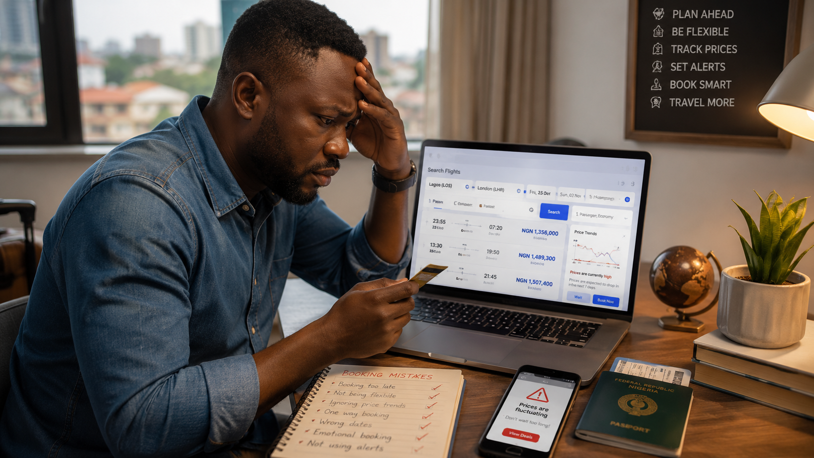 SEO Alt Text: Nigerian traveler planning an international trip and comparing flight options to save money on airfare