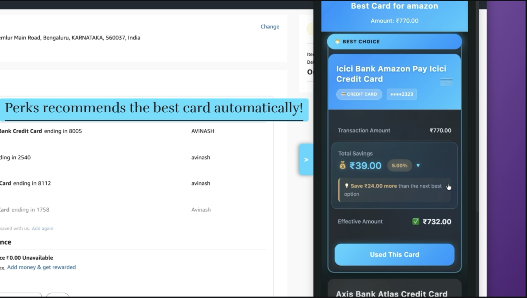 browser extension interface showing payment method recommendation at checkout, modern UI design with purple accents