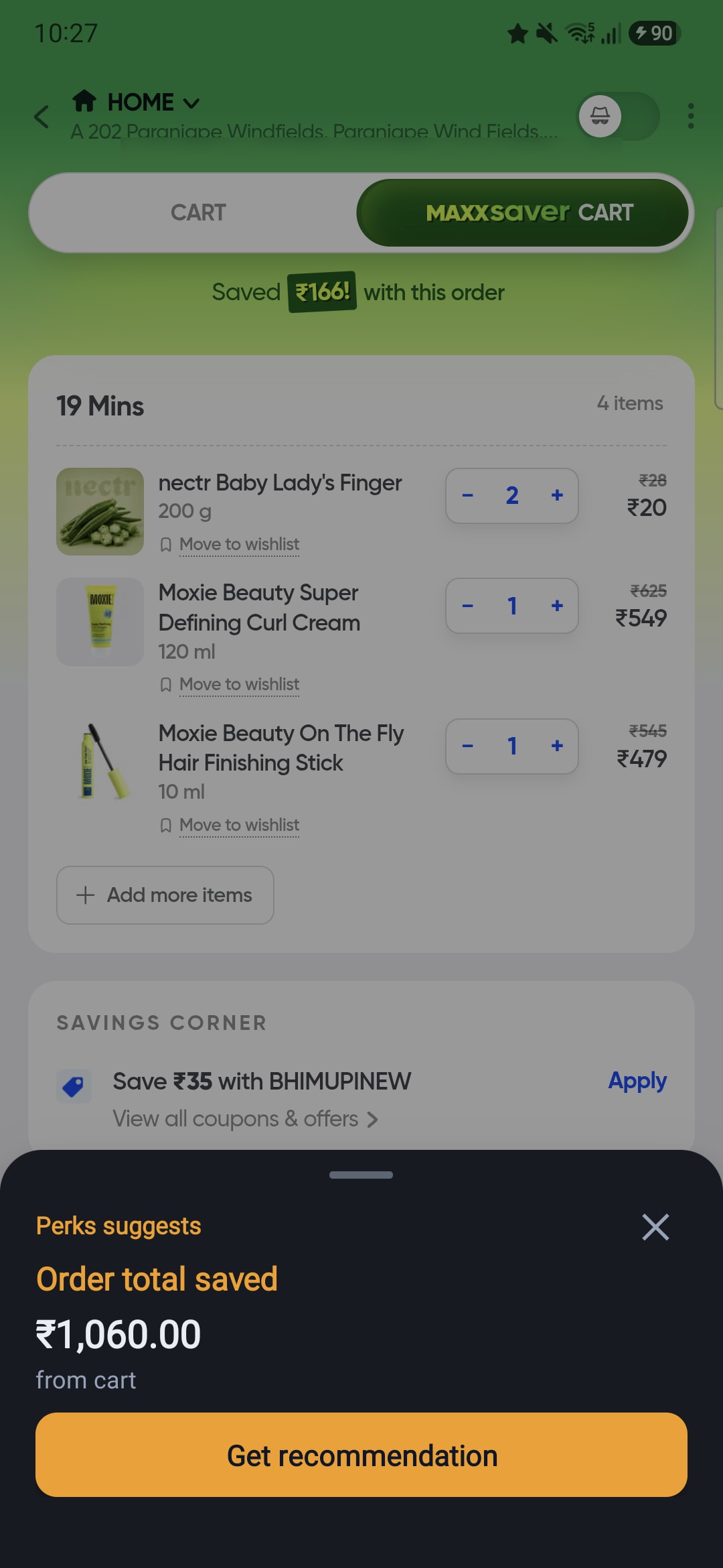 Swiggy cart with Perks asking for the cart total