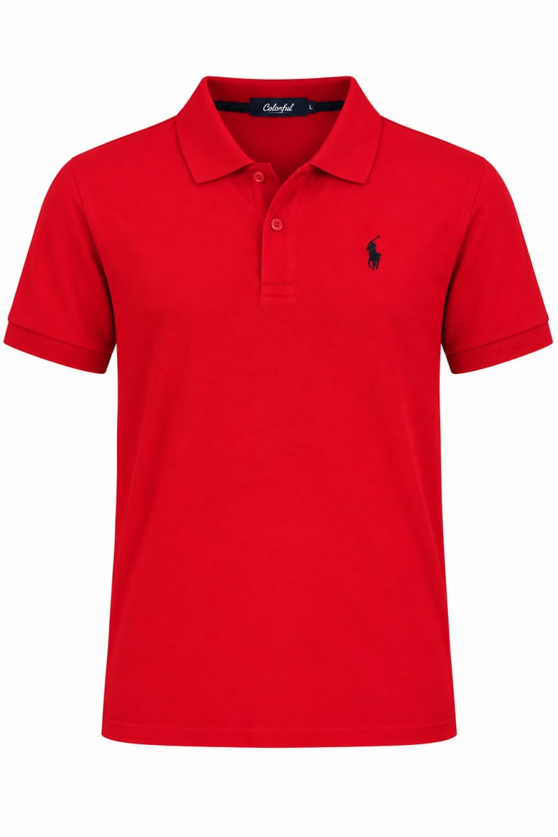 Red polo shirt with embroidered rider logo
