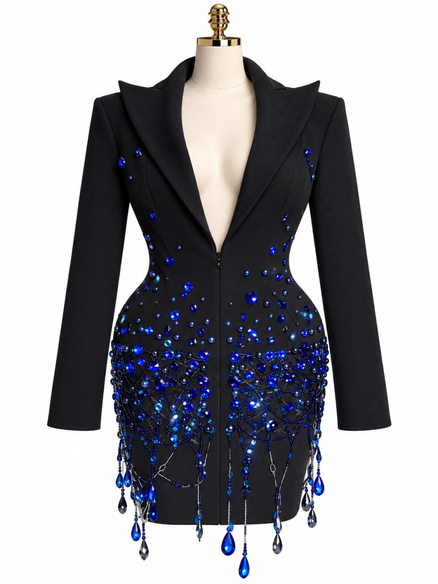 Black Blazer Mini Dress with Blue Crystal Embellishments