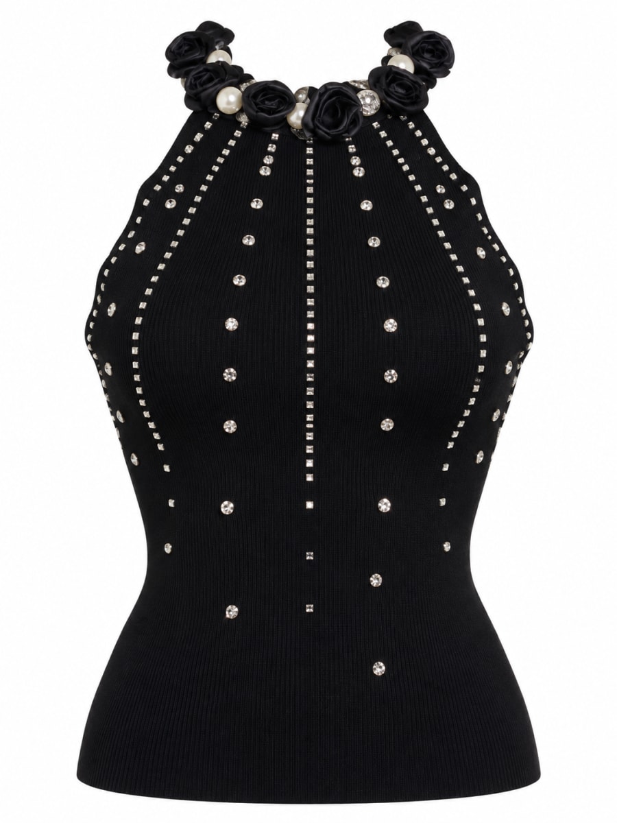 Elsa M Black Rhinestone Halter Top