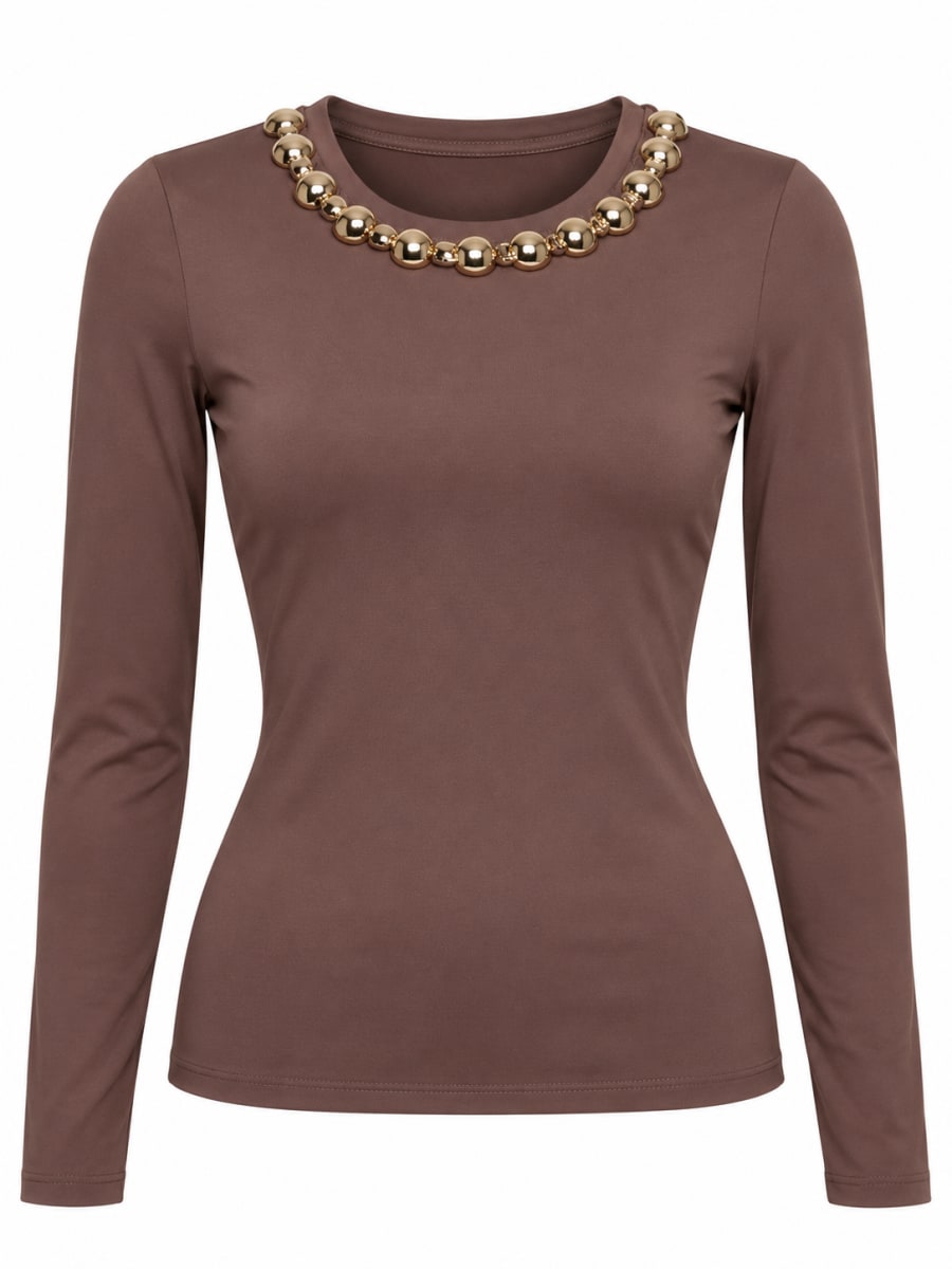 Vinceotto Mocha Gold-Beaded Long-Sleeve Top