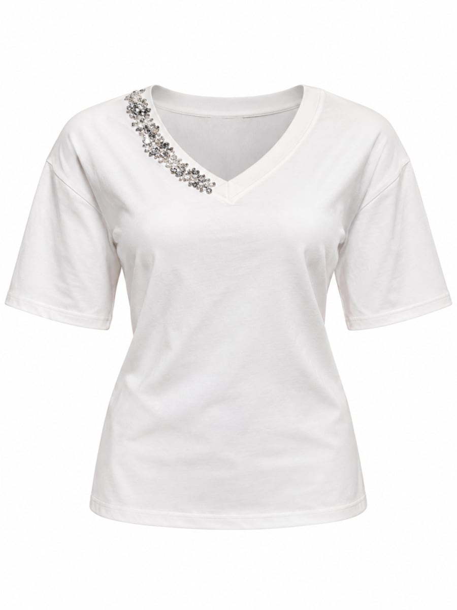 White Embellished V-Neck Short Sleeve Top