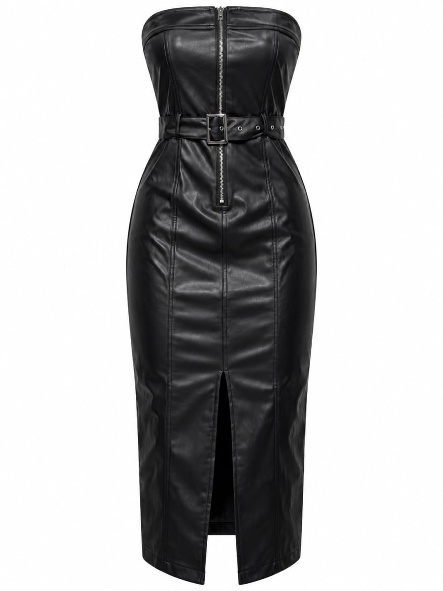 Haute Monde Black Leather Tube Midi Dress
