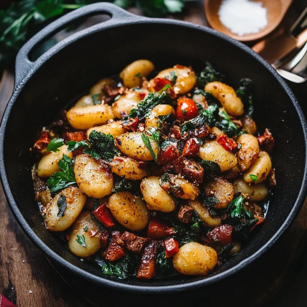 Gnocchi-Grünkohl-Pfanne mit Pilzen und getrockneten Tomaten