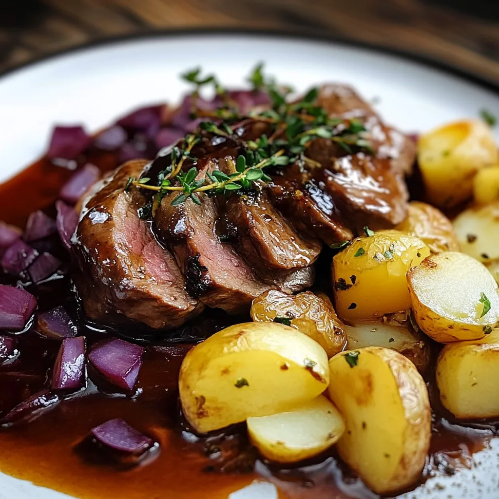 Rinderburgunderbraten mit Kartoffeln und Rotkohl