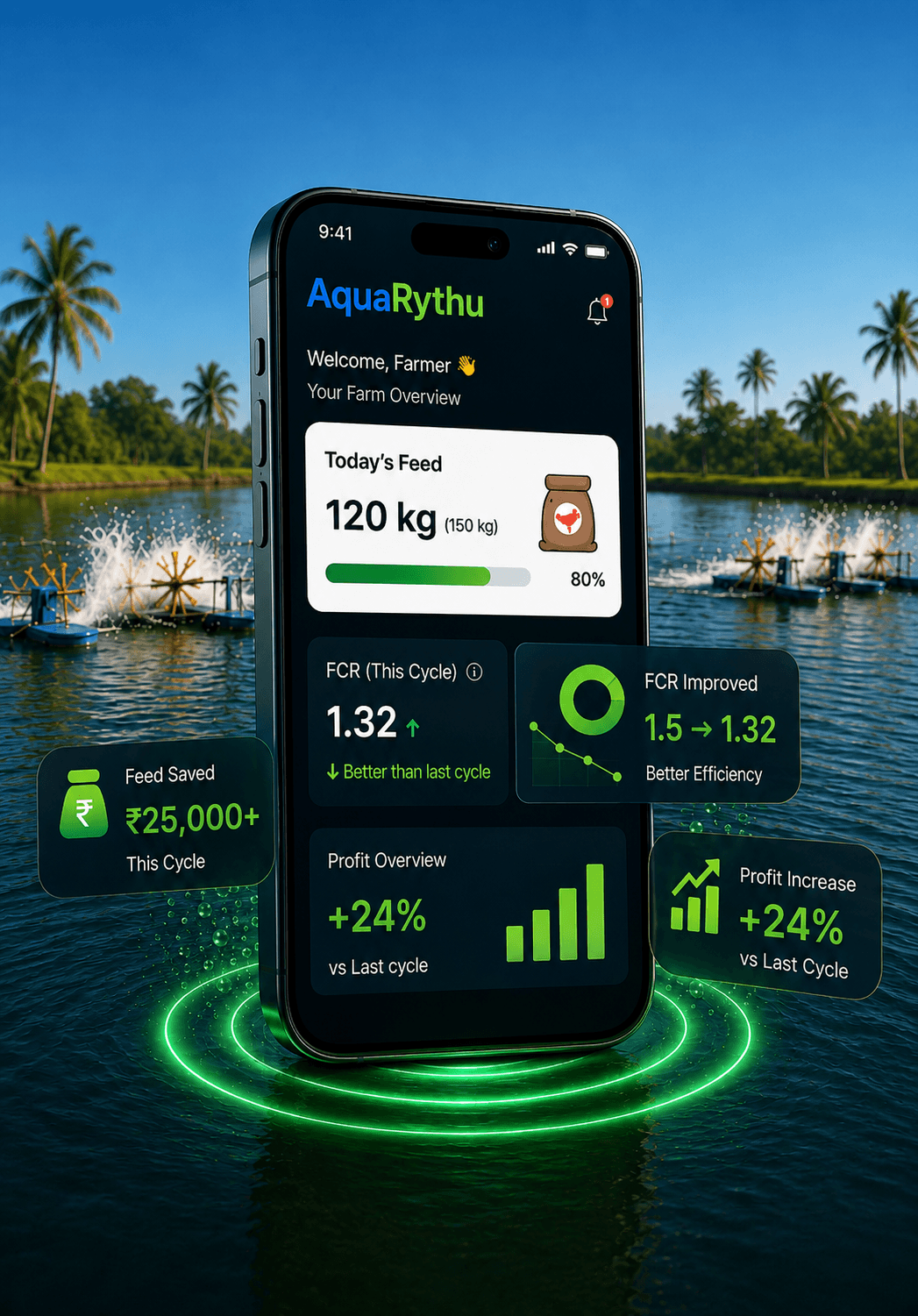 AquaRythu shrimp farm management app showing pond dashboard and feed tracking