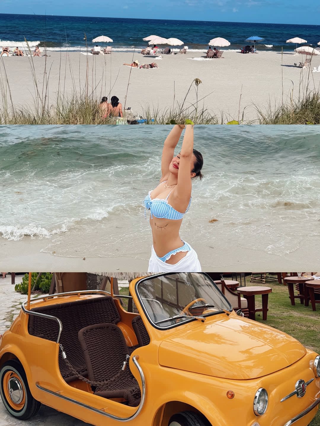 Avneet Kaur in a blue and white striped bikini, stretching her arms in the ocean, with a serene beach scene and a bright orange vintage car in a split image.