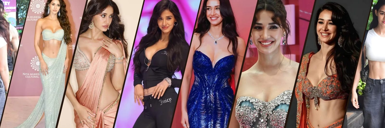 Collage of Disha Patani in various outfits including a mint green sequin saree, a blue sequin gown, a black tracksuit, and a white crop top, showcasing her diverse style.