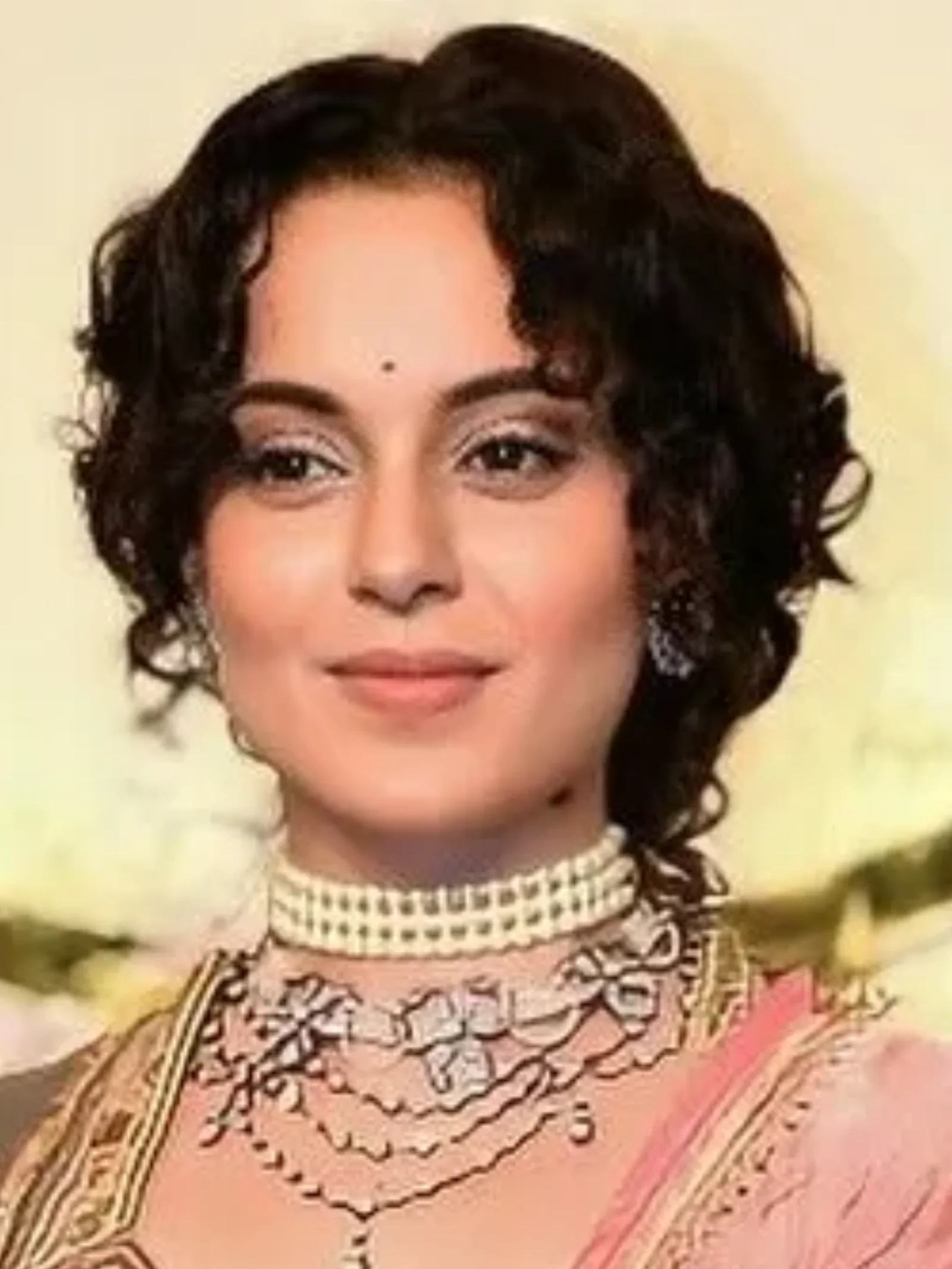 Close-up portrait of Kangana Ranaut smiling, wearing a pearl choker, an intricate silver necklace, and traditional attire with curly dark hair.