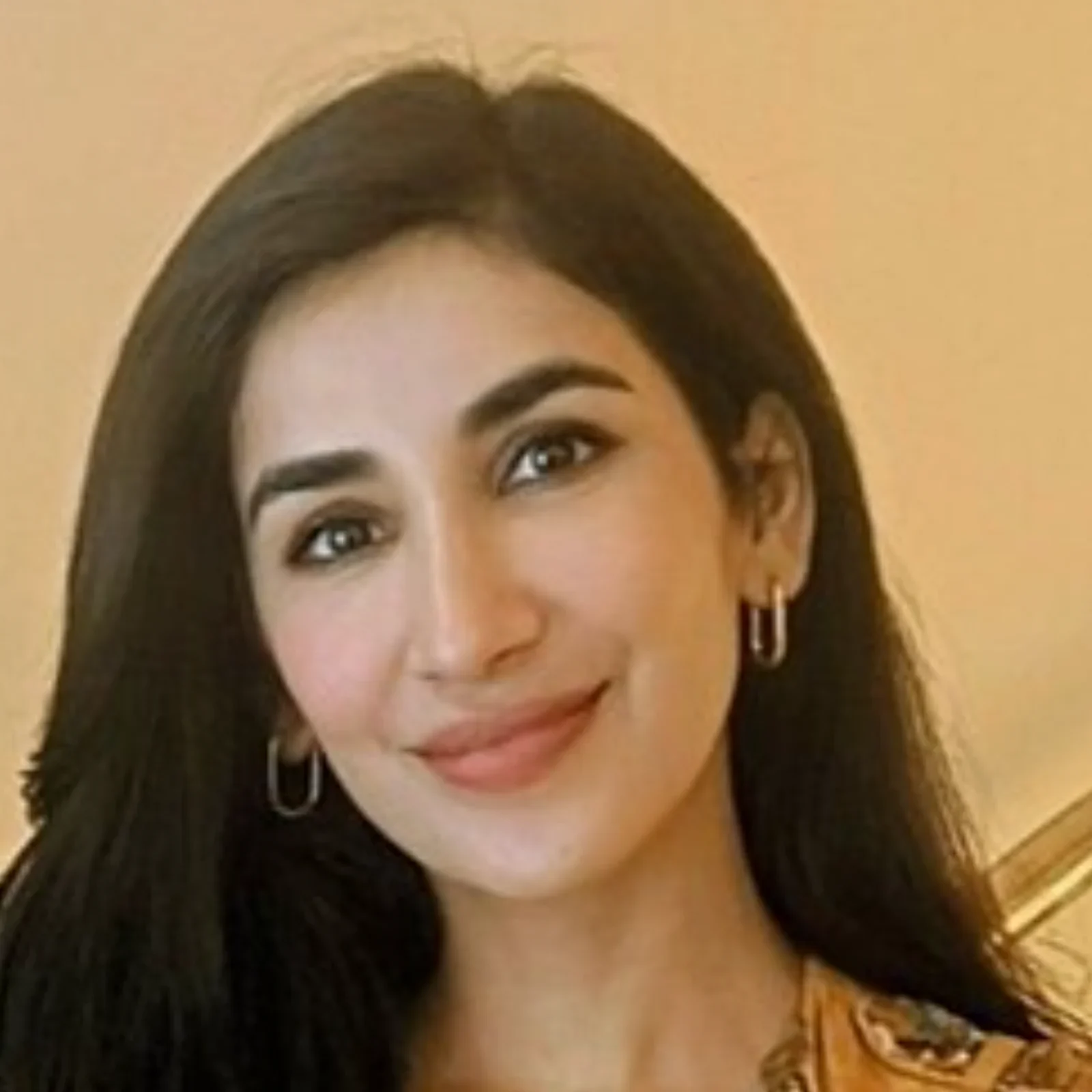Close-up portrait of Parul Gulati smiling gently, with long dark hair, wearing U-shaped silver hoop earrings and a warm-toned patterned top against a beige background.