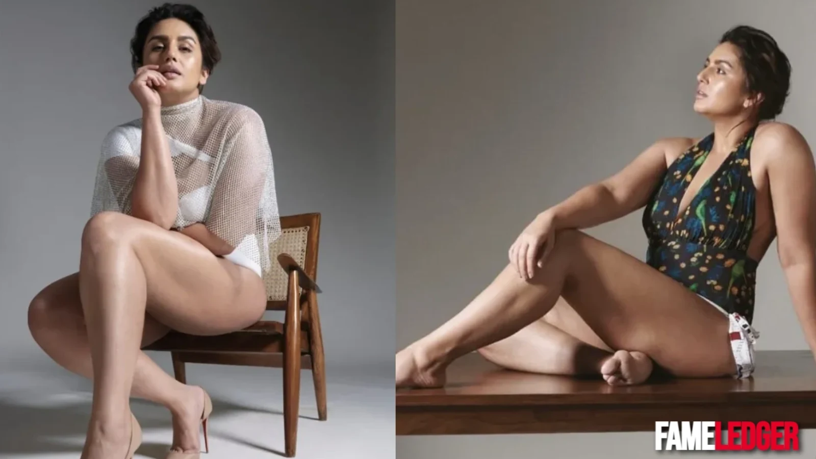 Huma Qureshi posing in white sheer top and floral swimsuit showcasing her thighs and cleavage