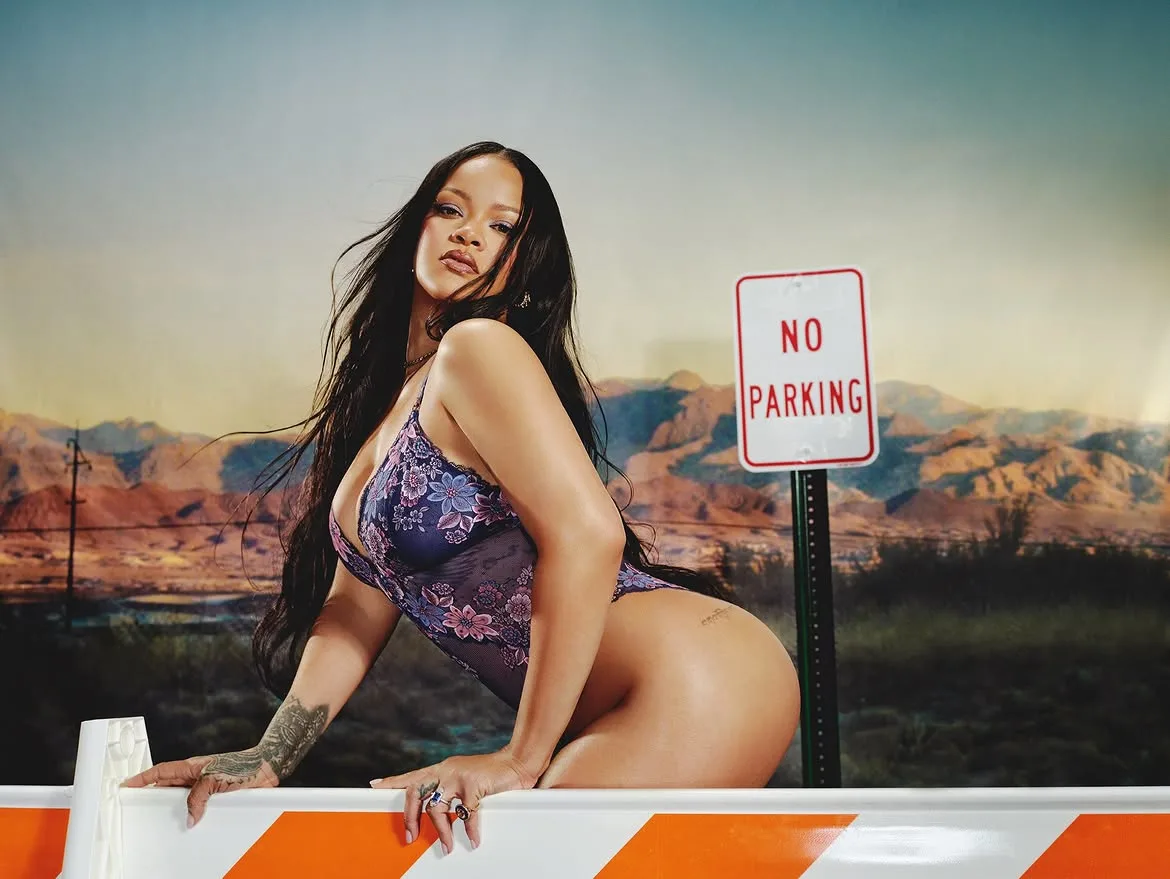 Rihanna posing in a purple floral lace bodysuit in front of a desert background with a No Parking sign.