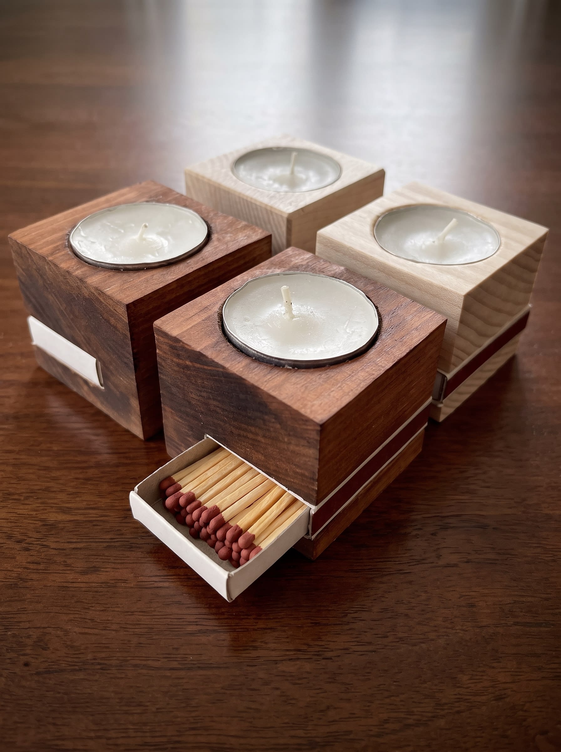 Wooden Tealight Holder With Match Box Holder