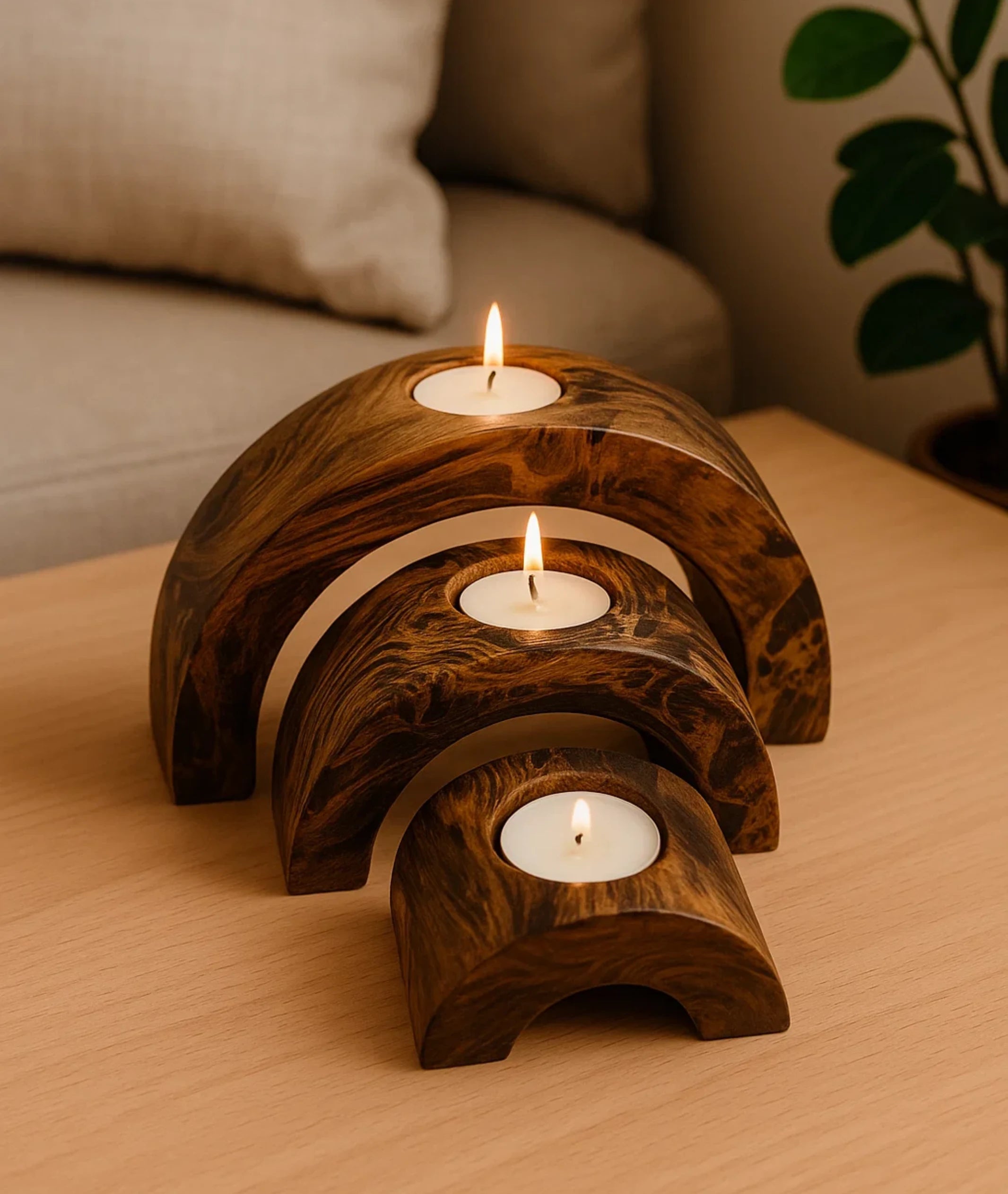 Handmade Decorative Wooden Tealight Holders Wood Half Set of 3 2