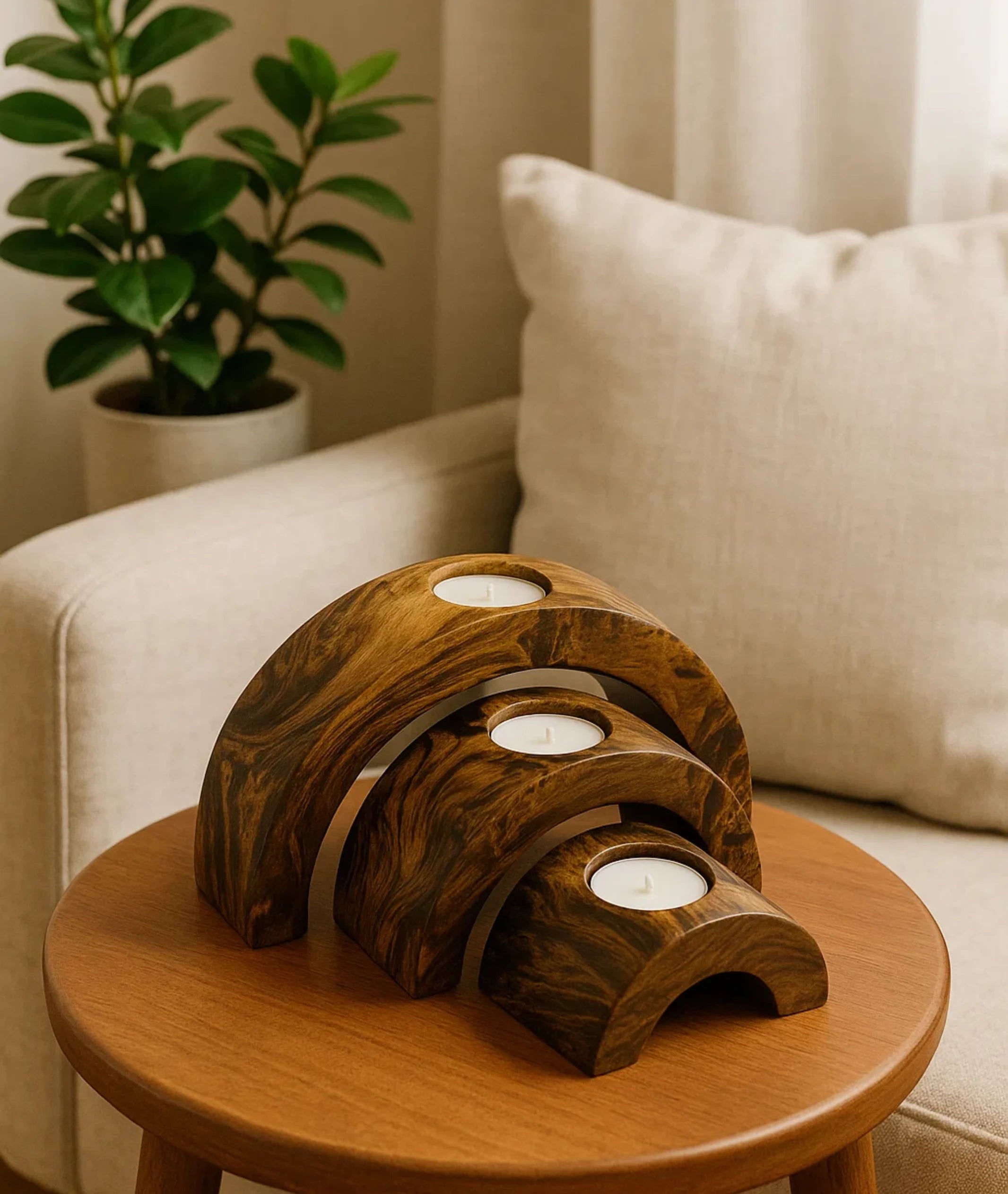 Handmade Decorative Wooden Tealight Holders Wood Half Set of 3 3