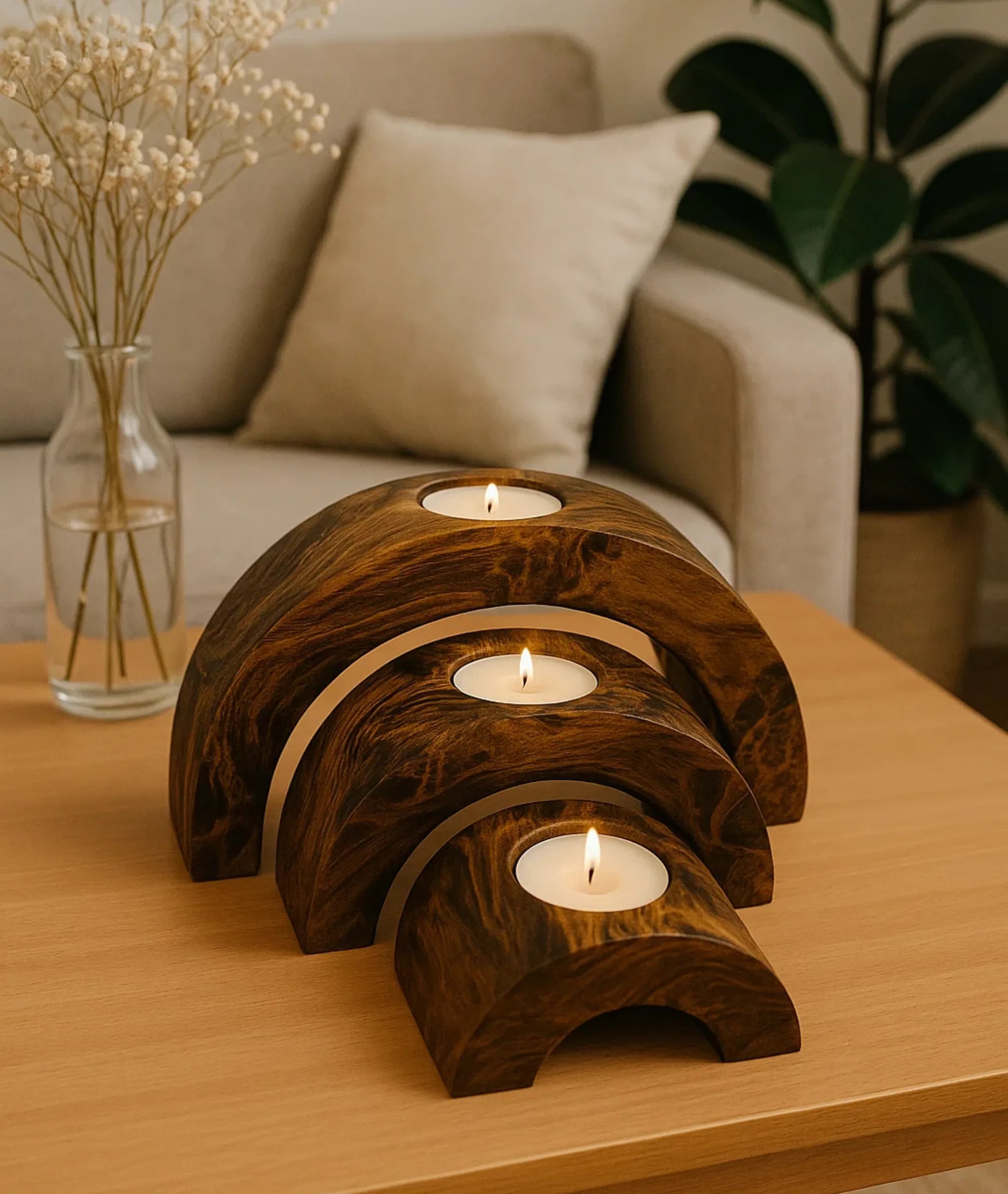 Handmade Decorative Wooden Tealight Holders Wood Half Set of 3 4