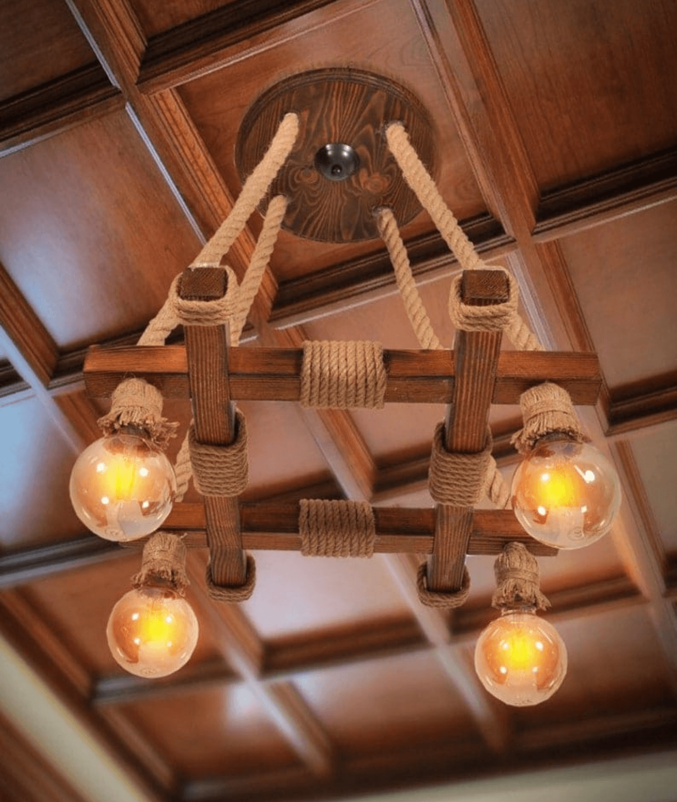 Rustic Rope Wooden 4 Lamp Square Chandelier