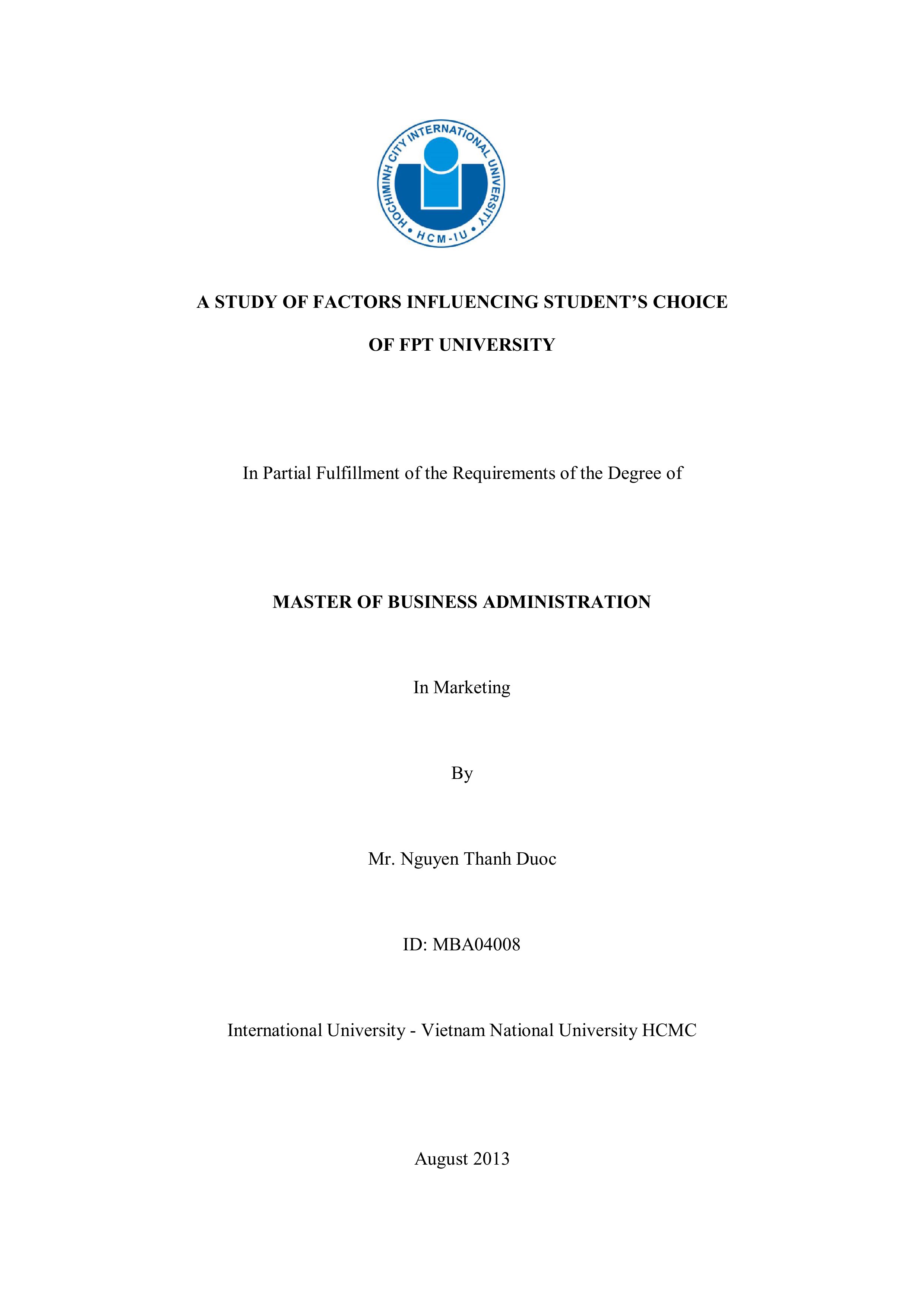 A study of factors influencing students choice of FPT university